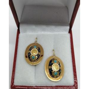 Gold Earrings, Decorated With Enamel Work, Circa 1900, Art Nouveau.