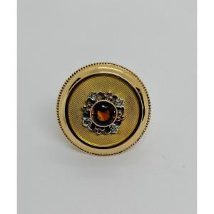 Gold Brooch/pendant, Round With Diamond Roses And Madeira Citrine, Circa 1925.