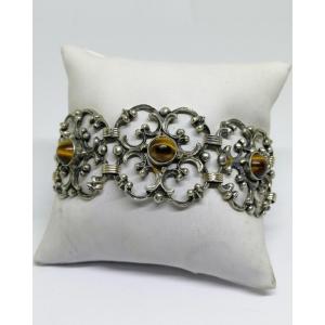 Silver Bracelet, With Openwork Links And Small Tiger's Eye Cabochons.