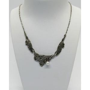 Silver Necklace, With Foliate Motifs, Marcasite Pavé And Cultured Pearl, 1930-40.
