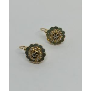 Rose Gold Earrings, With Fine Half-pearls And Diamond Rose, 1870-1880.