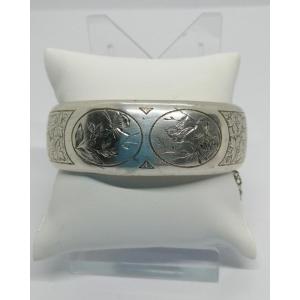 Silver Bracelet, Rounded Band With Bird And Butterfly Design, 1900, Art Nouveau.