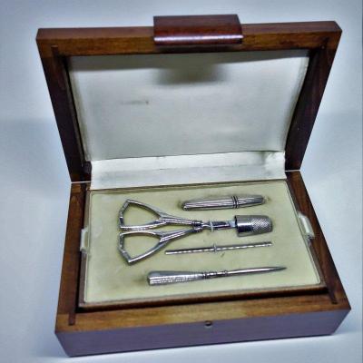 Rare, Wooden Box, With Art Deco Silver Sewing Kit.
