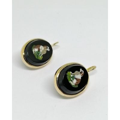 Pair Of Gold Earrings, Dangling With Micro-mosaic, Representing Dogs.