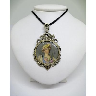 Pendant / Brooch In Silver, With Superb 19th Century Miniature.