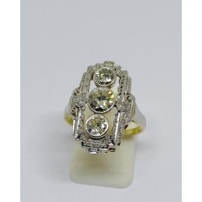 Ring In Gold And Platinum, Geometric Shape With Diamonds, Art Deco.