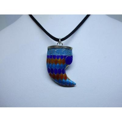 Pendant In Vermeil, Enamelled, In The Shape Of A Shark Tooth.