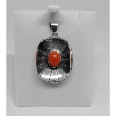 Silver Pendant, Openwork And Closed Setting With A Coral Cabochon.