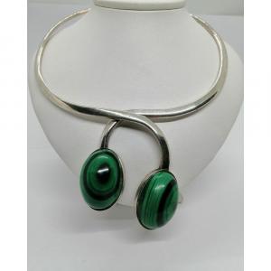 Silver Necklace, Vintage, Hoop With Large Malachite Cabochon, French 1960.