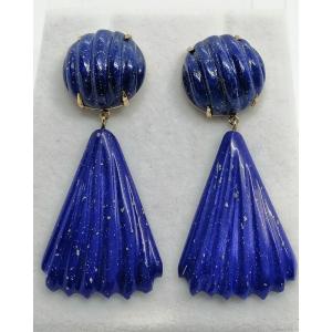 Gold Earrings, Important Pendants In Lapis Lazuli, 1950-70.