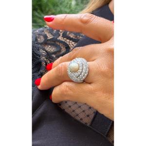 Domed Platinum Ring Set With Diamonds And Baroque Pearl – 1950s