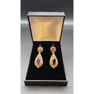 Napoleon III Earrings In 18-carat Yellow Gold Set With Amethysts.