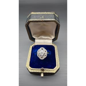 Art Nouveau Platinum Ring – Antique Diamond Surrounded By Diamonds.