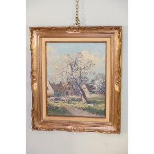 "herd Of Sheep On The Farm", Oil On Hardboard Signed Brigitte Langevin