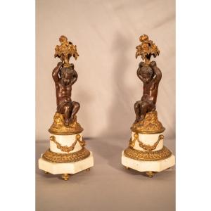 Pair Of Bronze And Marble Puttis