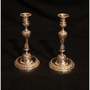 Pair Of Louis XVI Style Silver-plated Metal Candlesticks