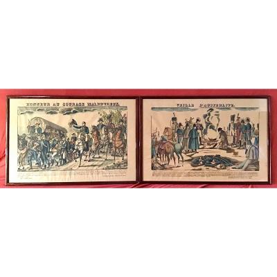 Suite Of 2 Engravings Imaging Of Epinal, Napoleon Austerlitz, Fabrique Pellerin, 19th