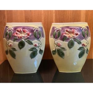 Pair Of Barbotine Ceramic Vase 