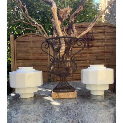 Pair Of Skyscraper Opaline Art Deco Ceiling Lights