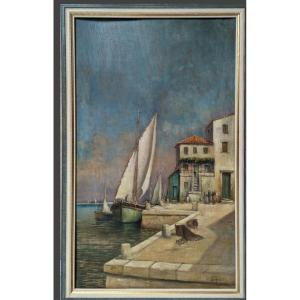 Mediterranean Port Signed Malfroy, Large Format