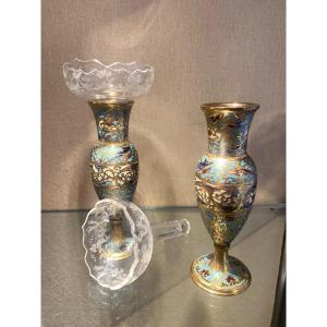 A Pair Of Small Enamel And Gilt Bronze Cloisonné Vases, Engraved Crystal