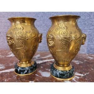 Pair Of Greek Style Vases Made In Gilt Bronze