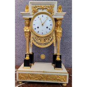 Empire Portico Clock, Gilt Bronze, Carrara Marble And Black Marble
