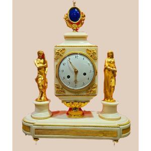Rare Louis XVI Clock, Carrara Marble, Gilt Bronze And Lapis Lazuli