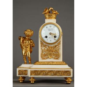 Charming Louis XVI Clock, Festeau The Younger, In White Marble And Gilded Bronze