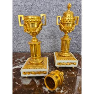 Pair Of Louis XVI Gilt Bronze And White Marble Cassolettes-candlesticks