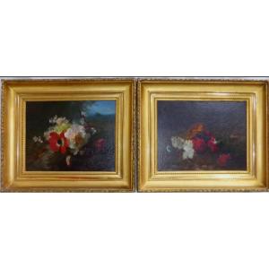 Pair Of 19th Century Flower Paintings, Oil On Canvas - Gilded Frames
