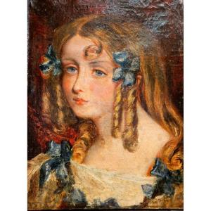 "young Girl With Blue Ribbons" Oil On Canvas 19th Century
