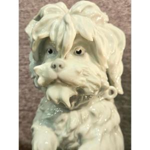 Bichon Frise Dog, Porcelain Sculpture With A Gilt Bronze Base. Late 19th/early 20th Century