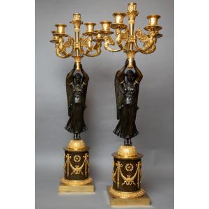 Pair Of Gilt Bronze And Patinated Candelabra-signed Rabiat- Empire Period