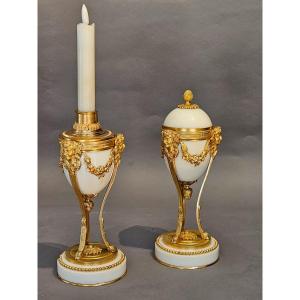 Pair Of Reversible Cassolettes-candlesticks In Carrara Marble And Gilt Bronze