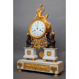 Empire-period Bacchante Clock In Bronze And Carrara Marble, Signed Bailly In Paris.