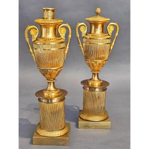 Pair Of Reversible Gilt Bronze Cassolettes-candlesticks - Empire Period