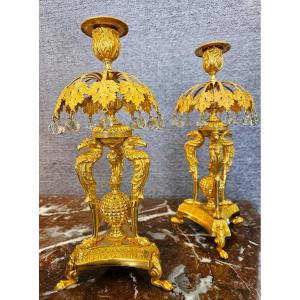 Pair Of Bronze Candlesticks With Eagles And Pendants