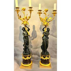 Large Gilt Bronze And Patinated Candelabra, 19th Century,
