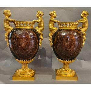 Pair Of Vases In Mokaitite Jasper And Gilded Bronze, Empire Period, Attributed To Thomire