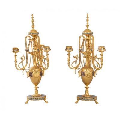 Pair Of Candelabra In Ormolu Bronze And Cloisonne Enamel - F. Barbedienne