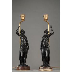 Pair Of Lamps, Antique Women In Patinated Bronze,