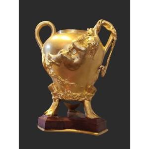Small Vase Signed Barrias And Barbedienne In Gilt Bronze