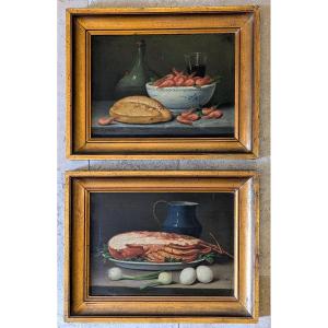 Pair Of Framed Still Lifes Of Shrimps And Lobsters Signed Bihet