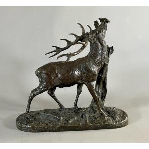 Mêne Pj 1810-1879 Bronze Stag With Leaf