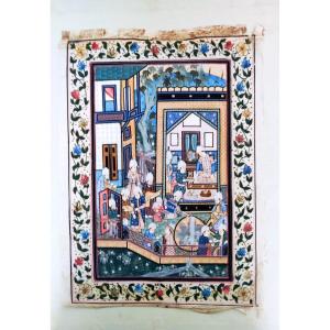 Gco19-gouache Painting-on Silk-king Khosrow Seated On His Throne-iran-19th