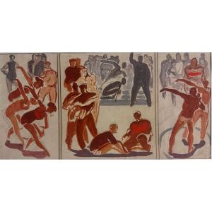 C27-DESSIN ORIGINAL-BORIS ALEXANDROVICH TALBERG-[LES ATHLÈTES-FRESQUE]-1960