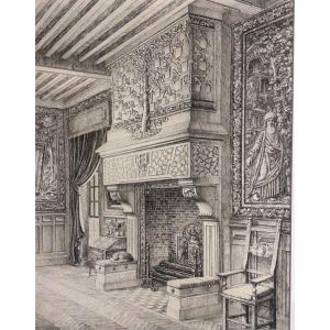 C27-DESSIN ORIG-A.LAMBERT VAUDOYER-[INTÉRIEUR-CHÂTEAU-CHEMINÉE]-[V.LE DUC]-1901