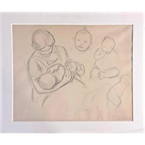 C27-original Drawing-charcous-signed-victor Proven-[the Child And The Mother]-1939