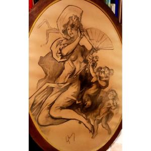 Bot-original Drawing-signed-jules Cheret-a Cherette And Two Loves-19th